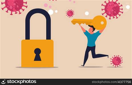 Unlock lockdown and open a company business after the coronavirus. Economy after the virus and crisis. A man with a key runs to open a closed padlock vector illustration concept. People and freedom