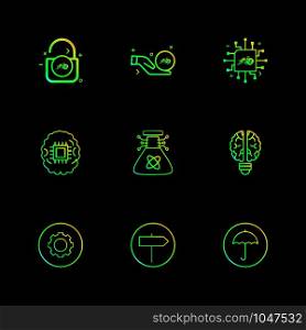 Unlock, safe , ic , cpu , brain , idea , beaker , umbrella , board , setting , gear , icon, vector, design, flat, collection, style, creative, icons