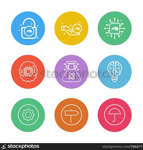 Unlock, safe , ic , cpu , brain , idea , beaker , umbrella , board , setting , gear , icon, vector, design, flat, collection, style, creative, icons
