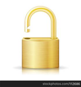 Unlocked Lock Security Yellow Icon Isolated On White. Gold Realistic Protection Privacy Sign. Unlocked Lock Security Yellow Icon Isolated On White. Gold Realistic Protection Privacy