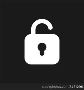 Unlocked padlock dark mode glyph ui icon. Security setting. Access control. User interface design. White silhouette symbol on black space. Solid pictogram for web, mobile. Vector isolated illustration. Unlocked padlock dark mode glyph ui icon