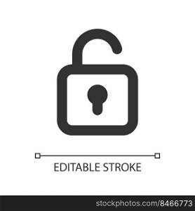 Unlocked padlock pixel perfect linear ui icon. Security setting. Folder access control. GUI, UX design. Outline isolated user interface element for app and web. Editable stroke. Arial font used. Unlocked padlock pixel perfect linear ui icon