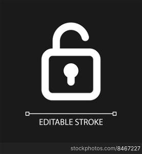 Unlocked padlock pixel perfect white linear ui icon for dark theme. Security setting. Vector line pictogram. Isolated user interface symbol for night mode. Editable stroke. Arial font used. Unlocked padlock pixel perfect white linear ui icon for dark theme