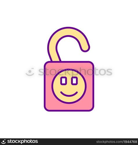 Unlocked positive emotion RGB color icon. Start feeling happy. Happiness mindset. Enjoyment and positive state of mind. Life satisfaction. Isolated vector illustration. Simple filled line drawing. Unlocked positive emotion RGB color icon