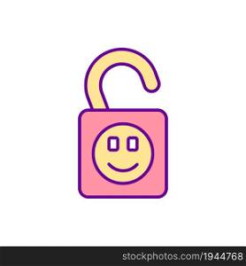 Unlocked positive emotion RGB color icon. Start feeling happy. Happiness mindset. Enjoyment and positive state of mind. Life satisfaction. Isolated vector illustration. Simple filled line drawing. Unlocked positive emotion RGB color icon