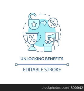 Unlocking benefits blue concept icon. Loyalty program gamification abstract idea thin line illustration. Earn bonuses and benefits for discount. Vector isolated outline color drawing. Editable stroke. Unlocking benefits blue concept icon