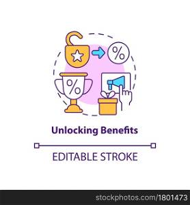 Unlocking benefits concept icon. Loyalty program gamification abstract idea thin line illustration. Earn bonuses and benefits for discount. Vector isolated outline color drawing. Editable stroke. Unlocking benefits concept icon