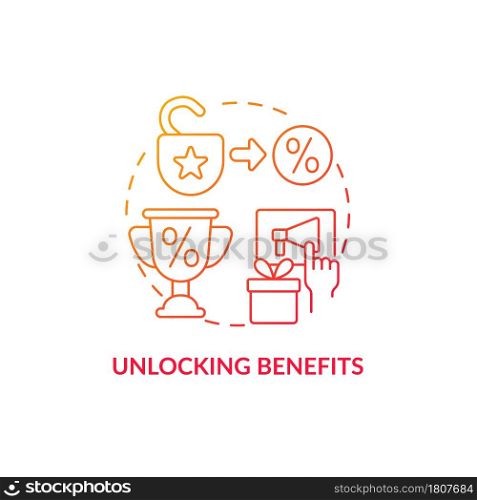 Unlocking benefits red gradient concept icon. Loyalty program gamification abstract idea thin line illustration. Earn bonuses and benefits for discount. Vector isolated outline color drawing.. Unlocking benefits red gradient concept icon