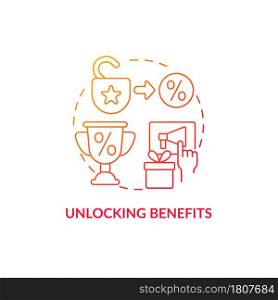 Unlocking benefits red gradient concept icon. Loyalty program gamification abstract idea thin line illustration. Earn bonuses and benefits for discount. Vector isolated outline color drawing.. Unlocking benefits red gradient concept icon