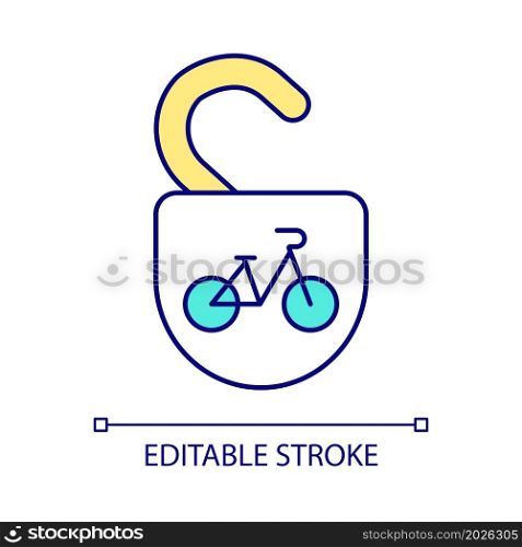 Unlocking e bike access RGB color icon. Stealing vehicle prevention. Self-service bike station. Theft-proof bicycle lock. Isolated vector illustration. Simple filled line drawing. Editable stroke. Unlocking e bike access RGB color icon