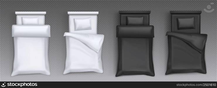 Unmade beds with white and black pillows, blanket and sheet. Vector realistic top view of 3d furniture for sleep with mattress and blank bedclothes isolated on transparent background. Unmade beds with white and black bedclothes