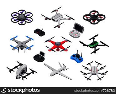 Unmanned aircraft, delivery drone with propellers, camera and computer controller. Gray red blue green military electronics drones and vehicle controllers 3d realistic isolated vector isometric set. Unmanned aircraft, delivery drone with propellers, camera and computer controller. Drones and controllers isolated vector isometric set