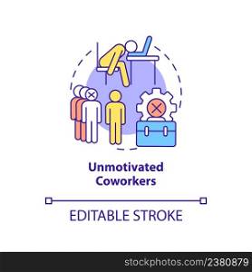 Unmotivated coworkers concept icon. Lazy colleagues. Sign of toxic workplace abstract idea thin line illustration. Isolated outline drawing. Editable stroke. Arial, Myriad Pro-Bold fonts used. Unmotivated coworkers concept icon