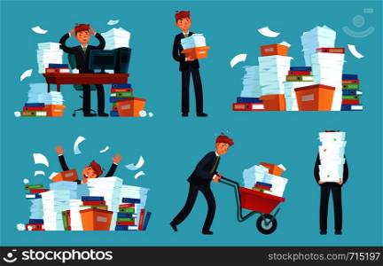 Unorganized office papers. Businessman overwhelmed work, messy paper documents pile and files stack. Unfinished office document work, stressed businessman cartoon vector illustration set. Unorganized office papers. Businessman overwhelmed work, messy paper documents pile and files stack cartoon vector illustration