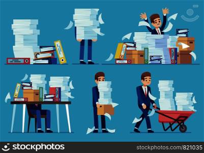 Unorganized office work. Accounting paper documents piles, disarray in files on accountant table. Routine paperwork vector business desk printing messy sheets lots person, overworked concept. Unorganized office work. Accounting paper documents piles, disarray in files on accountant table. Routine paperwork vector concept
