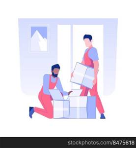 Unpacking belongings isolated concept vector illustration. Full service movers provide unpacking of boxes together, real estate business, couriers delivery services vector concept.. Unpacking belongings isolated concept vector illustration.