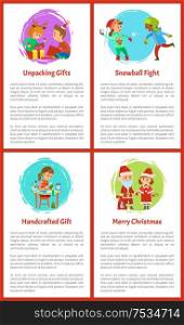 Unpacking gifts, children on winter vacations vector. Merry Christmas, handicraft gifts made by girl. Playing snowball fight, kids having outdoors fun. Unpacking Gifts, Children on Winter Vacations