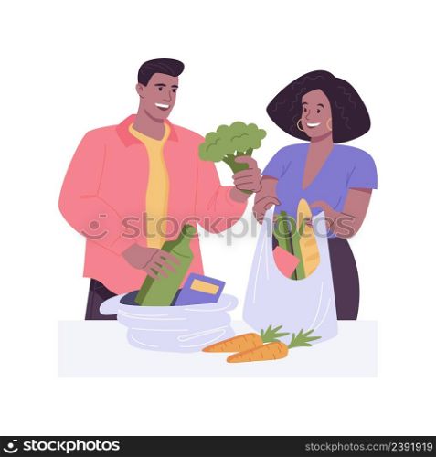 Unpacking grocery bags isolated cartoon vector illustrations. Happy couple unpacking grocery bags after returning from shopping, people lifestyle, buying food and drinks vector cartoon.. Unpacking grocery bags isolated cartoon vector illustrations.