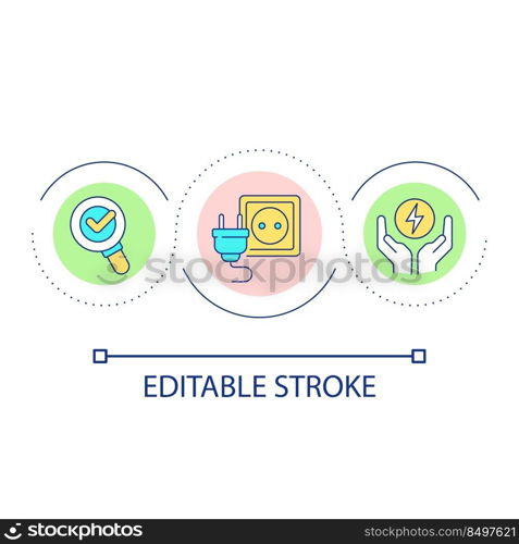 Unplug electric appliances when leaving loop concept icon. Managing electricity at home abstract idea thin line illustration. Isolated outline drawing. Editable stroke. Arial font used. Unplug electric appliances when leaving loop concept icon