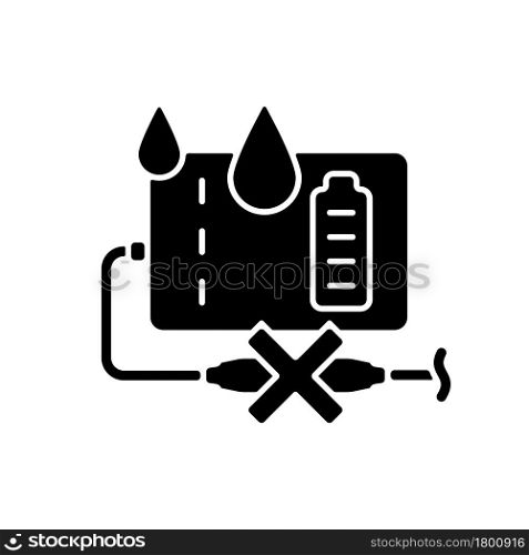 Unplug power bank if wet black glyph manual label icon. Prevent from damage. Short-circuiting risk. Silhouette symbol on white space. Vector isolated illustration for product use instructions. Unplug power bank if wet black glyph manual label icon
