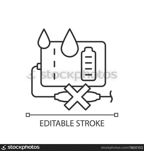 Unplug power bank if wet linear manual label icon. Exposed to water. Thin line customizable illustration. Contour symbol. Vector isolated outline drawing for product use instructions. Editable stroke. Unplug power bank if wet linear manual label icon