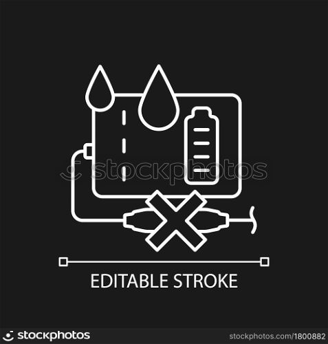 Unplug power bank if wet white linear manual label icon for dark theme. Thin line customizable illustration. Isolated vector contour symbol for night mode for product use instructions. Editable stroke. Unplug power bank if wet white linear manual label icon for dark theme