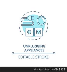 Unplugging appliance turquoise concept icon. Cable safety. Domestic electricity consumption. Resource saving idea thin line illustration. Vector isolated outline RGB color drawing. Editable stroke. Unplugging appliance turquoise concept icon
