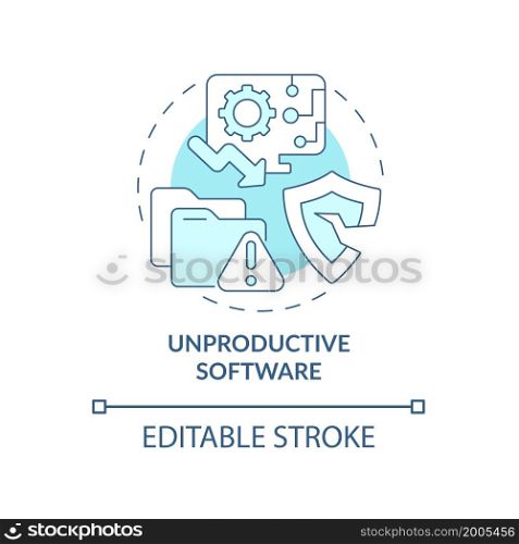 Unproductive software blue concept icon. Online piracy abstract idea thin line illustration. User computer system damage. Tech support absence. Vector isolated outline color drawing. Editable stroke. Unproductive software blue concept icon