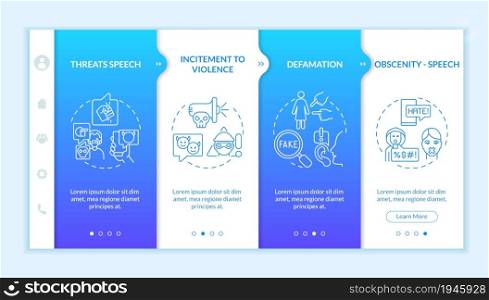Unprotected expression types onboarding vector template. Responsive mobile website with icons. Web page walkthrough 4 step screens. Incitement to violence color concept with linear illustrations. Unprotected expression types onboarding vector template