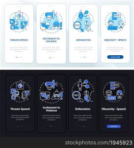 Unprotected speech types onboarding mobile app page screen. Threats walkthrough 4 steps graphic instructions with concepts. UI, UX, GUI vector template with linear night and day mode illustrations. Unprotected speech types onboarding mobile app page screen
