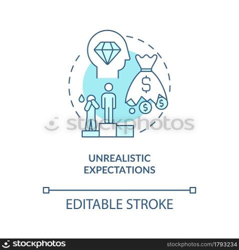 Unrealistic expectation blue concept icon. Problem of starting company. Startup launch challenges abstract idea thin line illustration. Vector isolated outline color drawing. Editable stroke. Unrealistic expectation blue concept icon