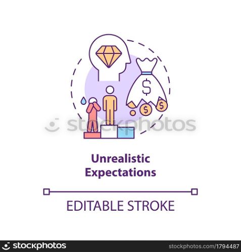 Unrealistic expectation concept icon. Problem of starting company. Startup launch challenges abstract idea thin line illustration. Vector isolated outline color drawing. Editable stroke. Unrealistic expectation concept icon