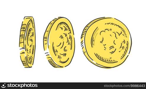 Unrecognized golden coins set. Vector doodle illustration