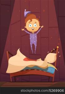 Unruly Kid In Pajamas Jumping On Unmade Bed. Unruly cartoon preschool kid in pajamas jumping on unmade bed flat retro vector illustration