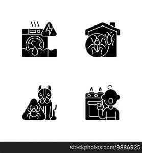 Unsafe home situations black glyph icons set on white space. Household appliances malfunction. Insect invasion. Pet hazards. Childhood trauma. Silhouette symbols. Vector isolated illustration. Unsafe home situations black glyph icons set on white space