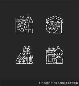 Unsafe home situations chalk white icons set on black background. Household appliances malfunction. Insect invasion. Pet hazards. Childhood trauma. Isolated vector chalkboard illustrations. Unsafe home situations chalk white icons set on black background