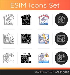 Unsafe home situations icons set. Flooding and water leak. Vandalism. Household appliances malfunction. Property crime. Water damage. Linear, black and RGB color styles. Isolated vector illustrations. Unsafe home situations icons set