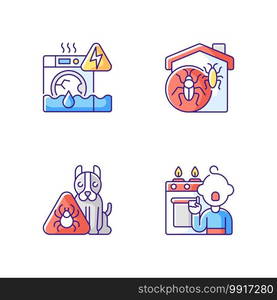 Unsafe home situations RGB color icons set. Household appliances malfunction. Insect invasion. Pet hazards. Childhood trauma. Washing machine, dishwasher. Bugs indoors. Isolated vector illustrations. Unsafe home situations RGB color icons set