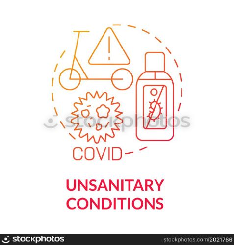 Unsanitary conditions red gradient concept icon. Scooter sharing problem abstract idea thin line illustration. Virus spreading risk. Covid transmission. Vector isolated outline color drawing. Unsanitary conditions red gradient concept icon