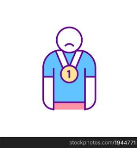 Unsatisfied person RGB color icon. Sad competition winner. Person disappointed with triumph. Psychological problem. Impostor syndrome. Isolated vector illustration. Simple filled line drawing. Unsatisfied person RGB color icon