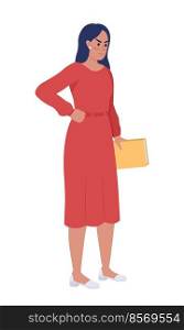 Unsatisfied woman holding book semi flat color vector character. Editable figure. Full body person on white. Teacher simple cartoon style illustration for web graphic design and animation. Unsatisfied woman holding book semi flat color vector character