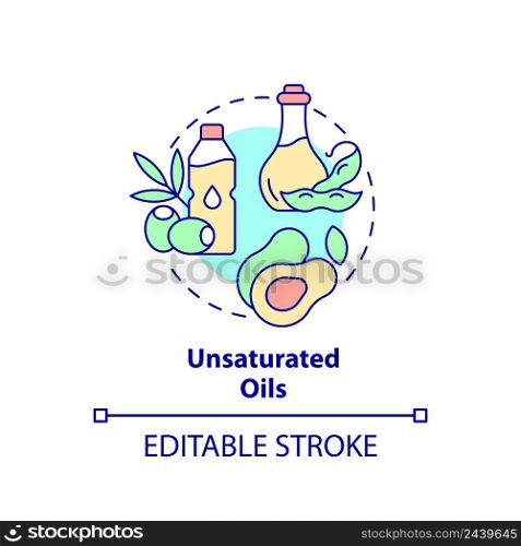 Unsaturated oils concept icon. Vegetable and seeds fats. Tip for vegan lifestyle abstract idea thin line illustration. Isolated outline drawing. Editable stroke. Arial, Myriad Pro-Bold fonts used. Unsaturated oils concept icon