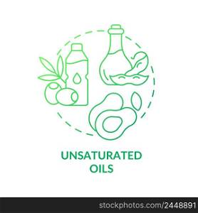 Unsaturated oils green gradient concept icon. Vegetable and seeds fats. Vegan lifestyle tip abstract idea thin line illustration. Isolated outline drawing. Myriad Pro-Bold font used. Unsaturated oils green gradient concept icon