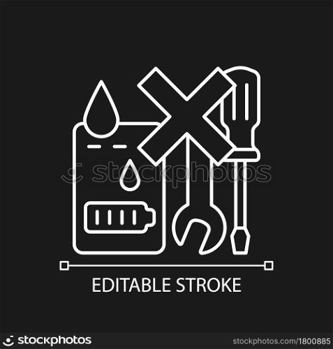 Unserviceable powerbank white linear manual label icon for dark theme. Thin line customizable illustration. Isolated vector contour symbol for night mode for product use instructions. Editable stroke. Unserviceable powerbank white linear manual label icon for dark theme