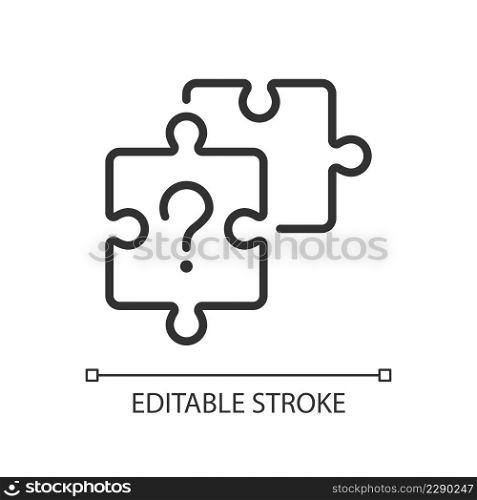 Unsolved puzzle linear icon. Jigsaw pieces and question mark. Difficult task solution. Thin line illustration. Contour symbol. Vector outline drawing. Editable stroke. Arial font used. Unsolved puzzle linear icon