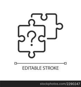 Unsolved puzzle linear icon. Jigsaw pieces and question mark. Difficult task solution. Thin line illustration. Contour symbol. Vector outline drawing. Editable stroke. Arial font used. Unsolved puzzle linear icon