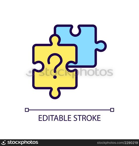 Unsolved puzzle RGB color icon. Jigsaw pieces and question mark. Difficult tasks solving. Isolated vector illustration. Simple filled line drawing. Editable stroke. Arial font used. Unsolved puzzle RGB color icon