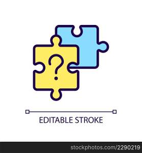 Unsolved puzzle RGB color icon. Jigsaw pieces and question mark. Difficult tasks solving. Isolated vector illustration. Simple filled line drawing. Editable stroke. Arial font used. Unsolved puzzle RGB color icon