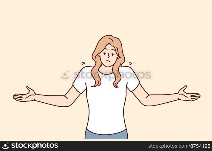 Unsure woman throws up hands demonstrating lack of correct answer to question asked. Non-professional girl in casual clothes shows lack of solution to problems that have arisen. Flat vector image. Unsure woman throws up hands demonstrating lack of correct answer to question asked. Vector image