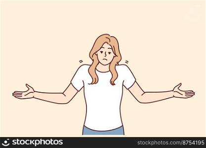 Unsure woman throws up hands demonstrating lack of correct answer to question asked. Non-professional girl in casual clothes shows lack of solution to problems that have arisen. Flat vector image. Unsure woman throws up hands demonstrating lack of correct answer to question asked. Vector image